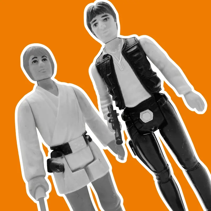 Figurines Kenner vintage, Luke et Han Solo, noir et blanc sur fond orange