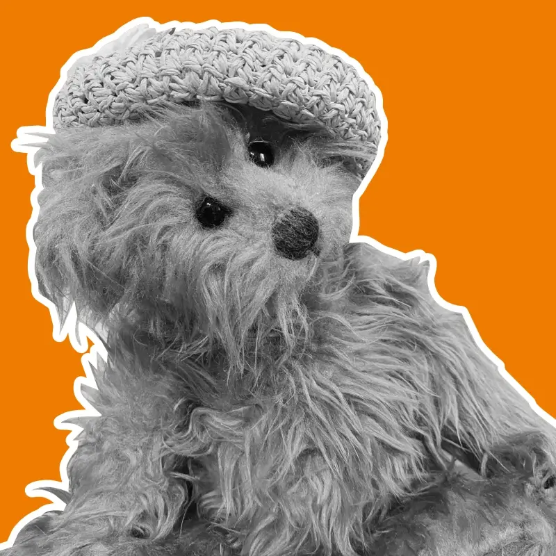 Ours en peluche avec un chapeau de paille, noir et blanc sur fond orange