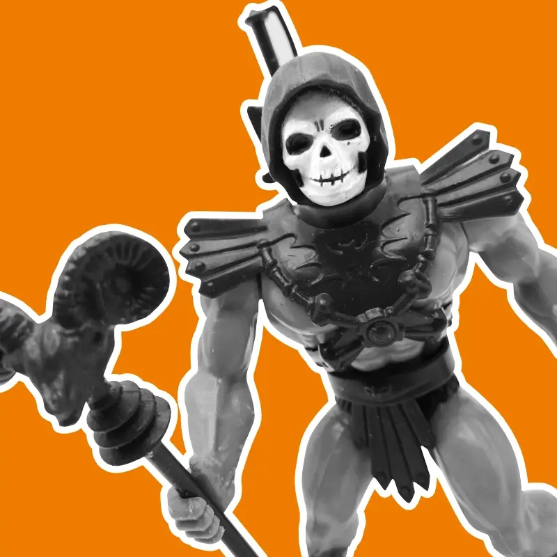 Figurine Motu vintage, Skeletor, noir et blanc sur fond orange