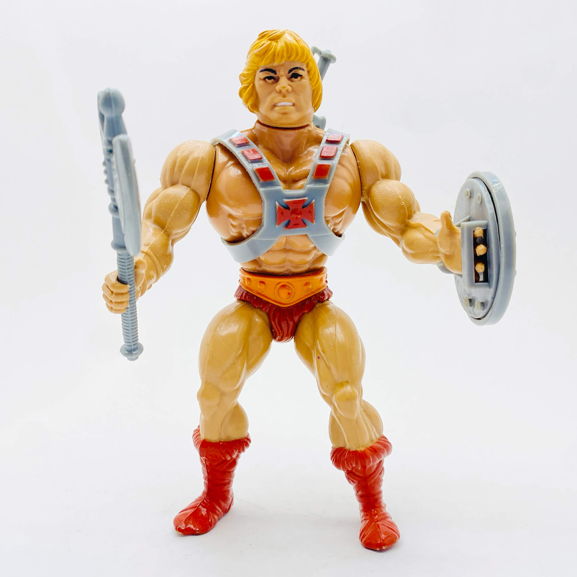 MOTU, Les Maîtres de l'Univers, Musclor, He-Man. Vue de face, en pieds avec sa hache.